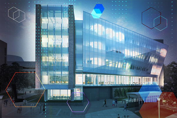 Building facade with symbols of artificial intelligence.
