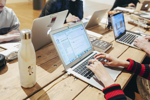 People at laptops at a table, one screen open to Wikipedia