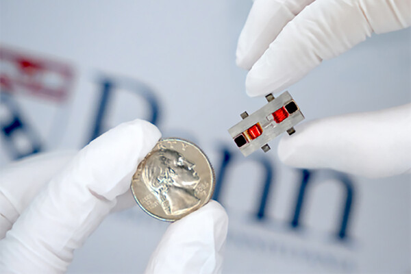 Gloved hand holding a quarter next to the filter to indicate its small size.