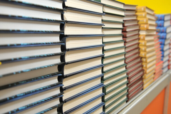 Stacks of new books.