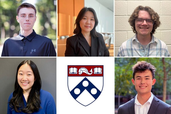 five student headshots and a Penn sheild