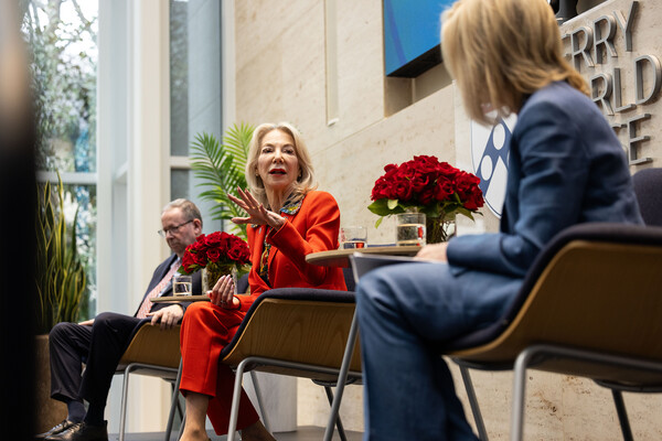 Amy Gutmann speaking on stage at Perry World House.