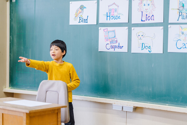A young elementary student at a blackboard.
