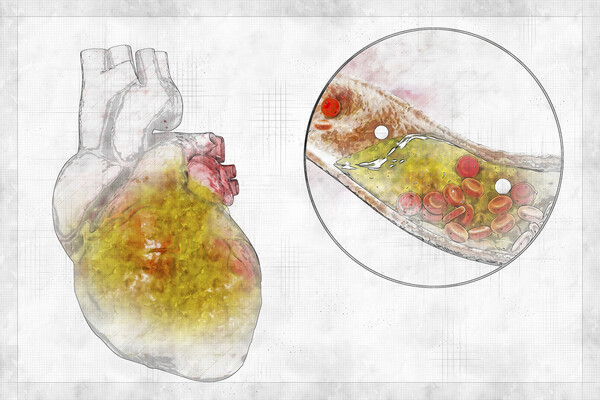 a close-up view of a coronary artery with cholesterol plaque signifying cardiovascular disease and atherosclerosis