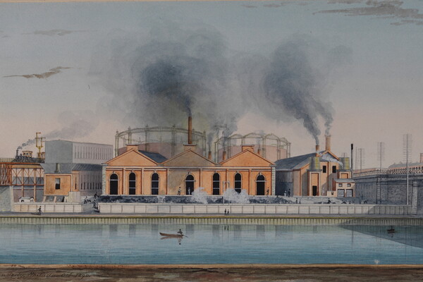 An illustration of the Philadelphia Gas works complex in 1890