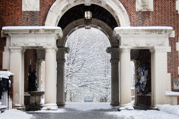 An archway on Penn’s campus in the snow.