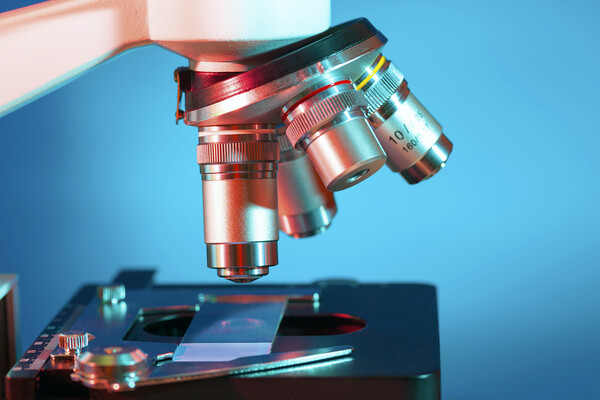 A microscope with a slide.