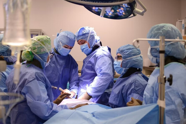 Five Penn veterinary surgeons performing surgery.