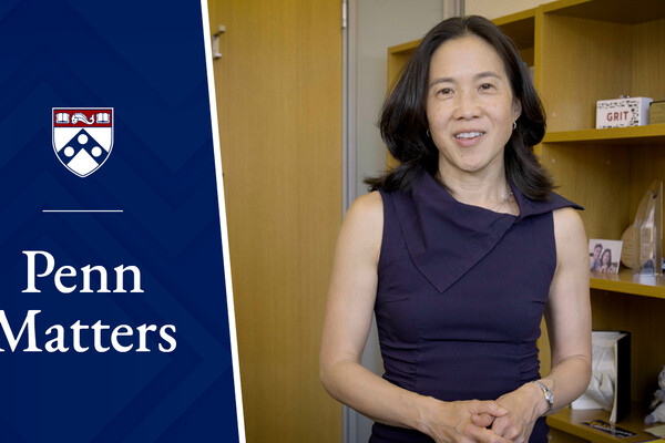 Angela Duckworth direct to camera in her office.