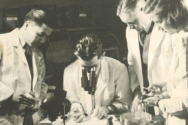 Three men and one woman look at an item through a microscope in a HUP laboratory.