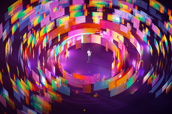 A person standing inside multicoloured data sheets and social media chat icons organised into circular pattern.