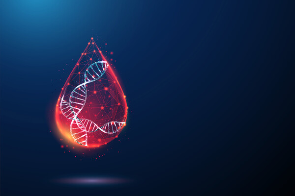 Rendering of a blood drop with a genetic DNA code inside.