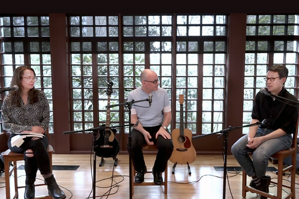 Emily Wilson, Kevin Platt, and Paul St. Amour seated with microphones at Kelly Writers House.