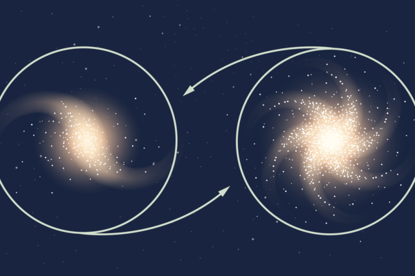 An artist's depiction of two galaxies, side-by-side, swriling at different velocites.