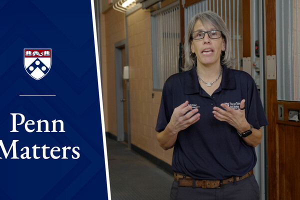 Liz Arbittier in a barn at Penn Vet's New Bolton Center.