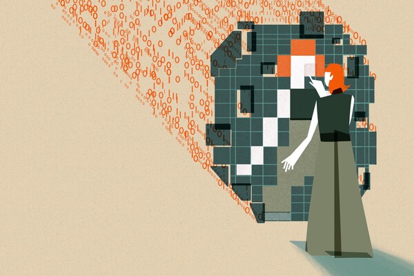 This image shows an individual with orange hair interacting with a large, abstract digital mirrored structure. The structure is composed of squares in varying shades of green, orange, white, and black which are pieced together to reflect the individual’s figure. The figure's hand is extended as if pointing to or interacting with the mirrored structure. Behind the  structure are streams of binary code (0s and 1s) in orange, flowing towards the digital grid.