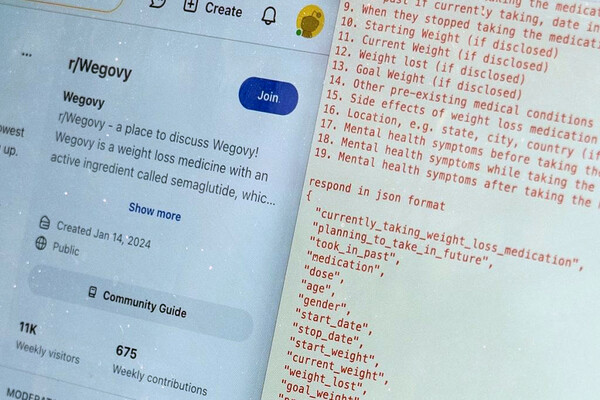 A computer screen on a Reddit page about Wegovy next to the computer code on screen.
