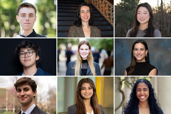 Recipients of the 2026 Thouron awards are (left to right, top to bottom) Tristen Brisky, Charissa Howard, Jean Kim, Jordan Liu, Caroline Magdolen, Griffin Pitt, Andrew Schmidt, Sriya Teerdhala, and Megha Thomas.