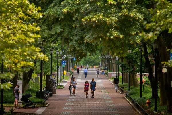 People walking down Locust Walk in the summer.