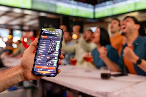 Hand holding a mobile phone with sports bets lined up.  