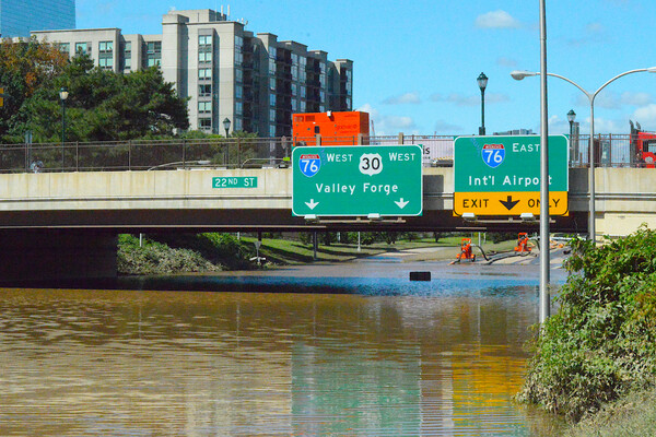 The Philly freeway submerged in water after flooding from a hurricane.