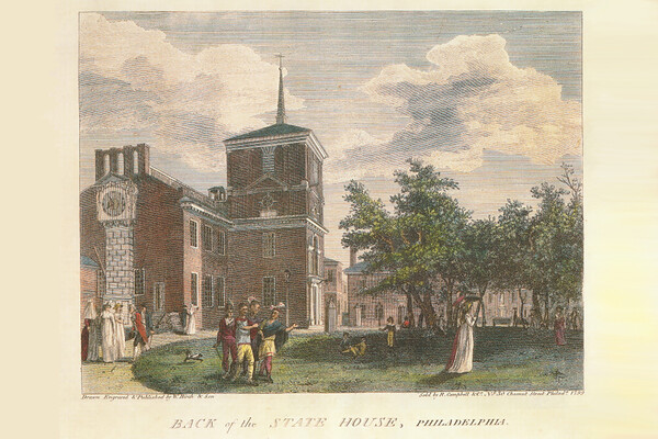 A painting depicting The City of Philadelphia as it appeared in the Year 1800. The scene shows a green field with trees to the right; red brick buildings to the left and in the background; and citizens walking and socializing together throughout the piece.