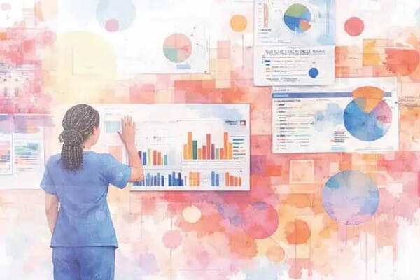 A nurse looking at charts and data on a wall.