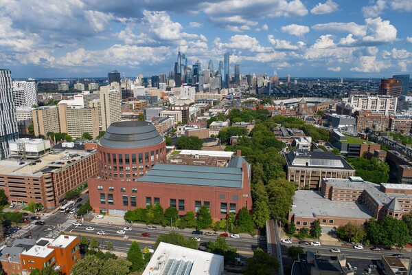 Aerial view of Penn’s campus with Huntsman Hall in focus