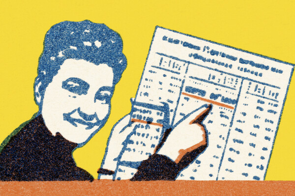 A cartoon of a person pointing to a newspaper column.