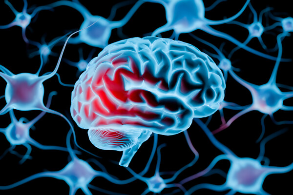3D human brain surrounded by interconnected neurons and synaptic networks