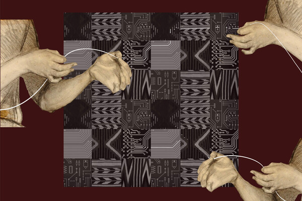 A collage that merges circuit board patterns with textile motifs in a grid-like background of alternating black, grey, and white. Two hand-drawn arms are on each side of the image, positioned as if gently pulling on thin, white strings that cross the image diagonally. The hands appear soft and somewhat translucent, contrasting with the rigid lines of the circuit board patterns behind them. The strings are woven through both the hands and the background, symbolising the connection between traditional weaving