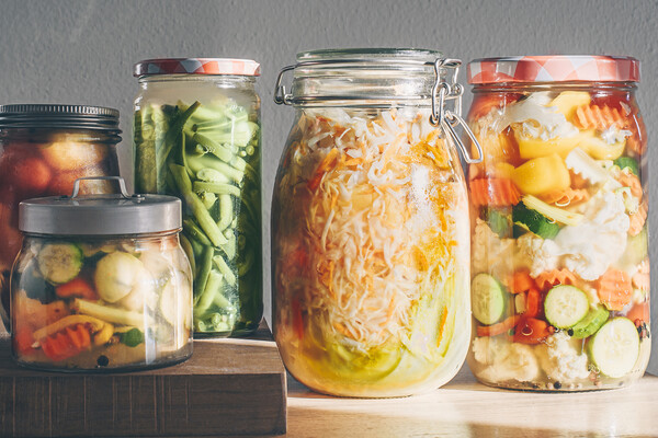 Jars of sauerkraut and fermented vegetables.