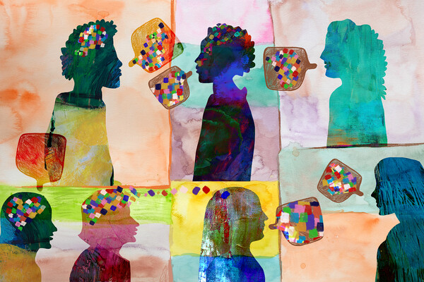 Silhouettes of people with dialogue boxes.