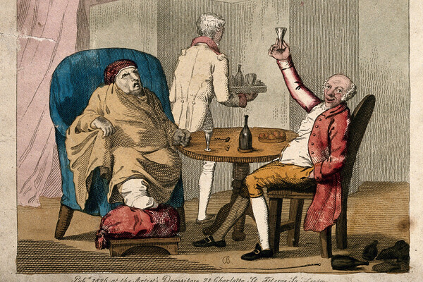 Sketch of two colonial-era men at table, one with an injured foot.