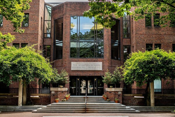 Outdoor entrance to the Wharton School building.