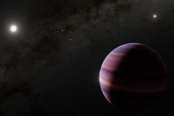 In this artistic illustration, Alpha Centauri A is depicted at the upper left of the planet, while the other Sun-like star in the system, Alpha Centauri B, is at the upper right. Our Sun is shown as a small dot of light between those two stars.