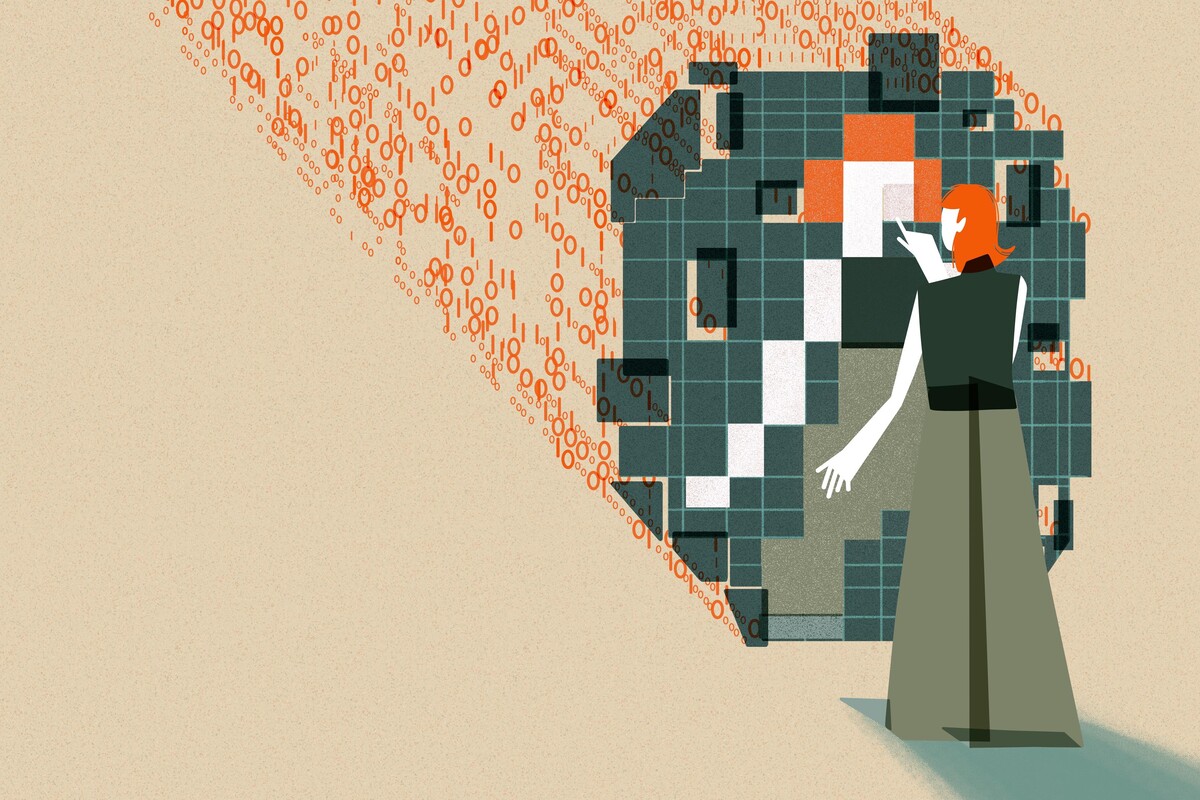 This image shows an individual with orange hair interacting with a large, abstract digital mirrored structure. The structure is composed of squares in varying shades of green, orange, white, and black which are pieced together to reflect the individual’s figure. The figure's hand is extended as if pointing to or interacting with the mirrored structure. Behind the  structure are streams of binary code (0s and 1s) in orange, flowing towards the digital grid.